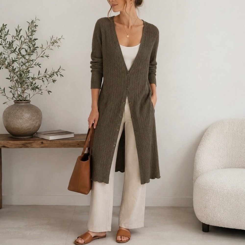 Natural Life Olive Green Knit Button Front Duster Cardigan Medium